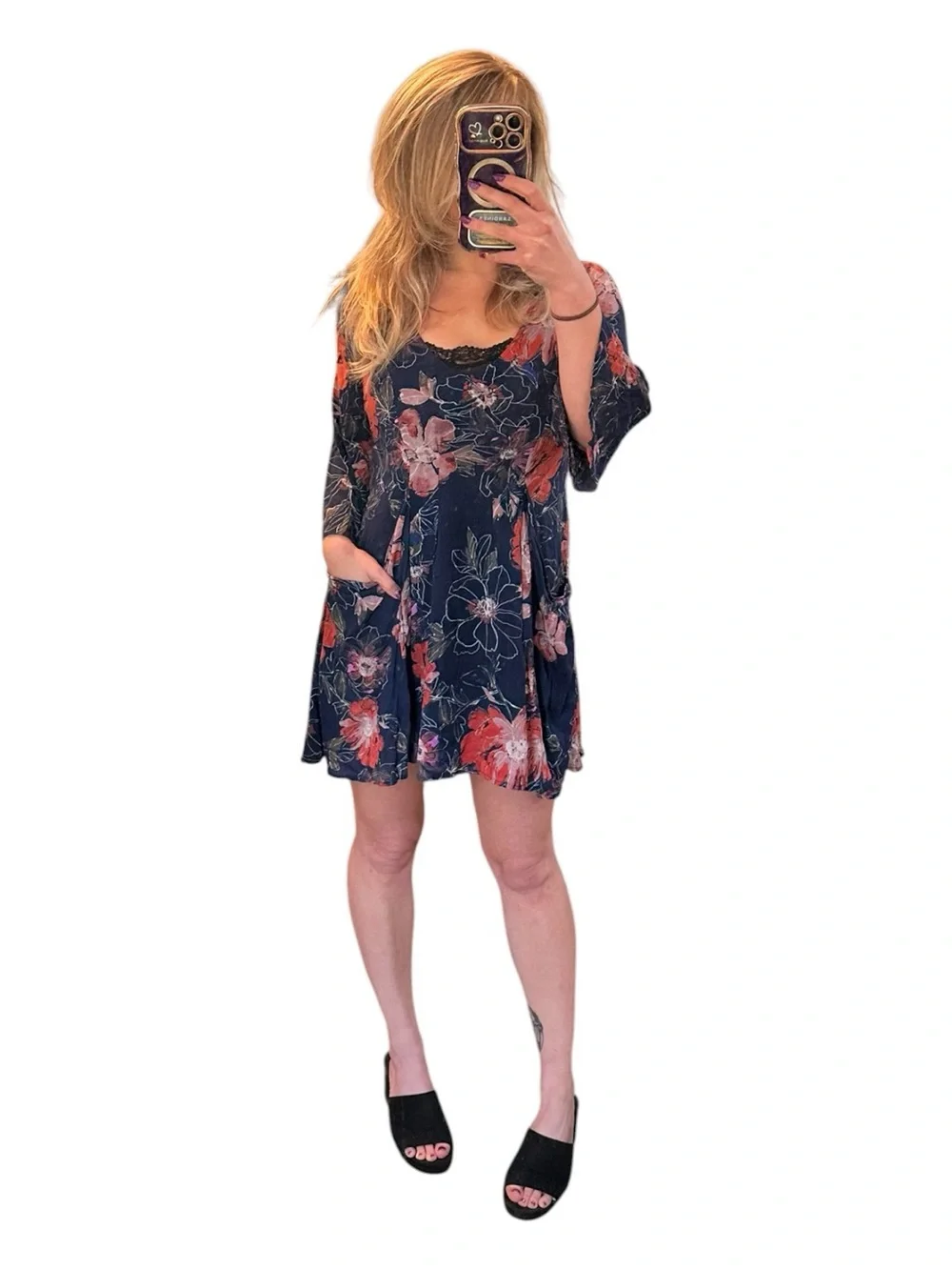 Free People Navy Floral Mini Dress with Coral Blooms Size 2 - Picture 5 of 5